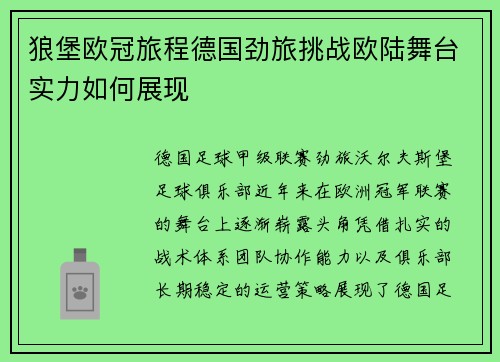 狼堡欧冠旅程德国劲旅挑战欧陆舞台实力如何展现